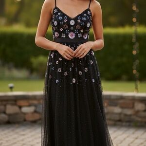 Adrianna Papell Black Floral Dress with dainty and whimsical 3D sequins flowers